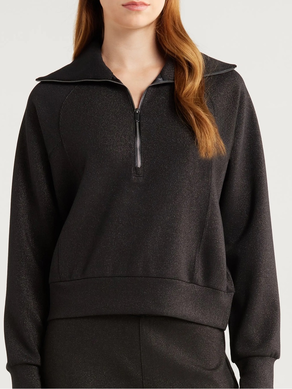 SPANX AirEssentials Shine Half Zip Sweatshirt Very Black/ Gunmetal Shimmer